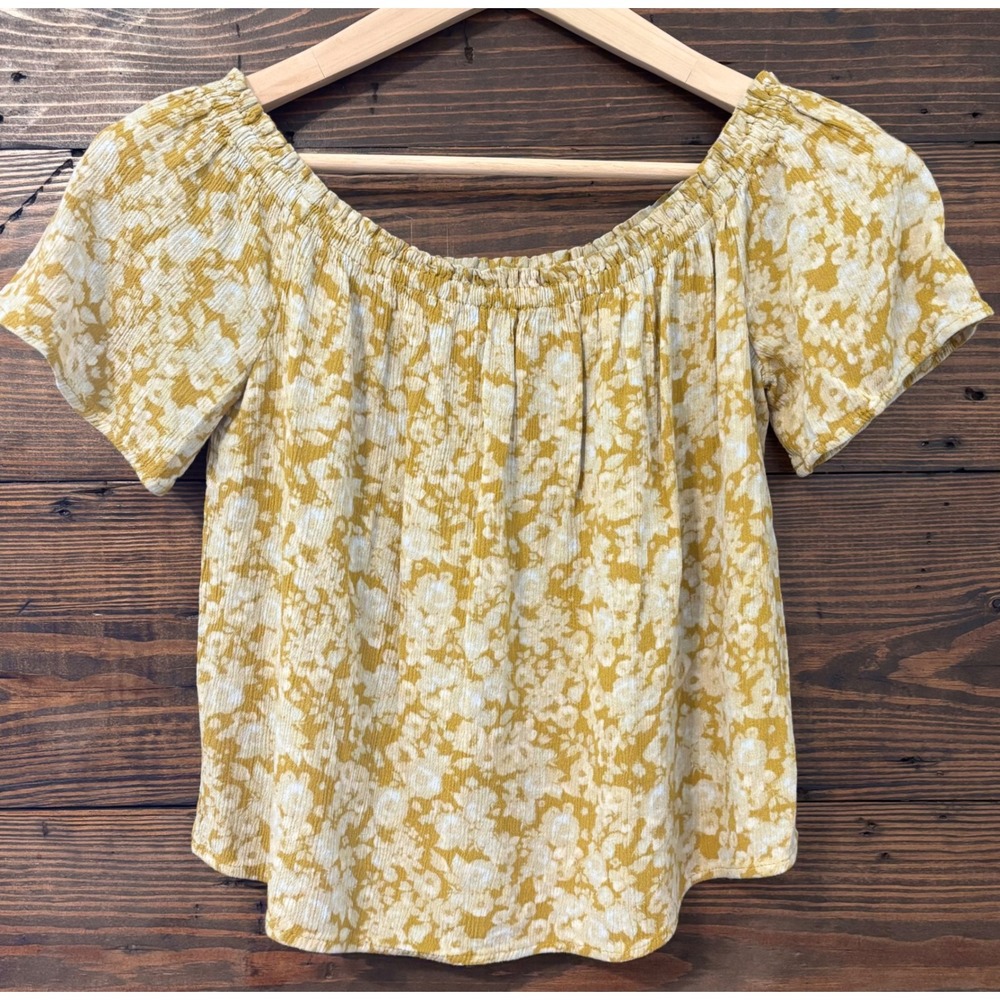 Boho Floral Blouse Womens Small Mustard Yellow Off Shoulder Top Cottagecore Airy